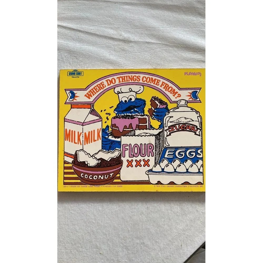 Vintage 1974 Playskool Sesame Street COOKIE MONSTER wooden frame tray puzzle